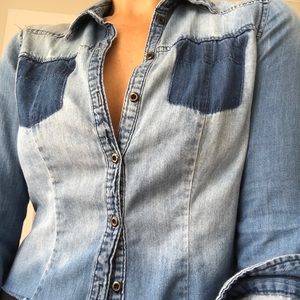 Cropped denim button down shirt frayed edges